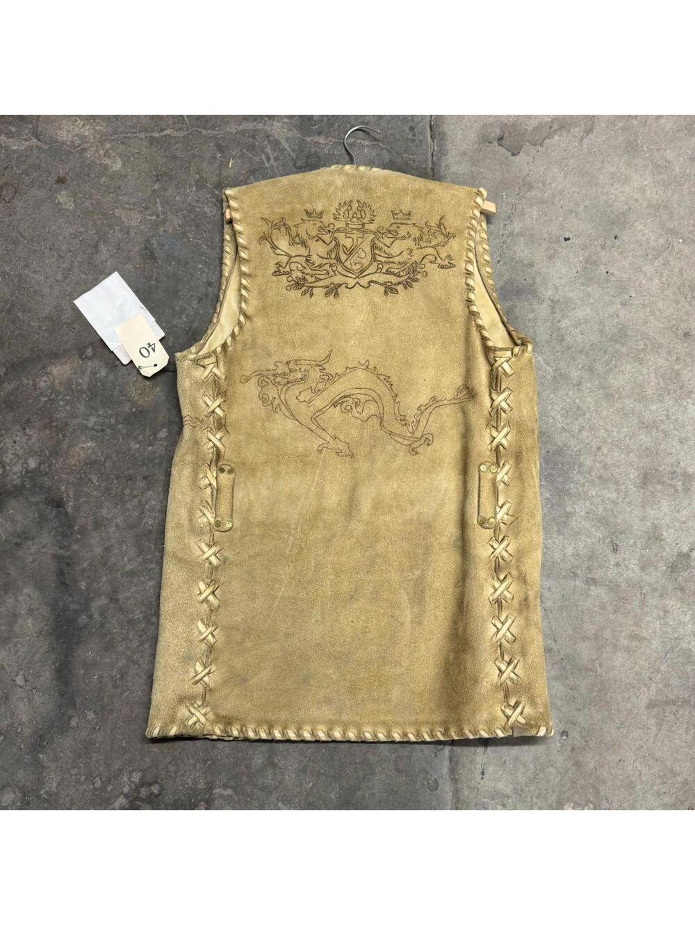 Vintage 60s 70s Suede Buckskin Western Film Costume Vest Stenciled Whipstitch - Picture 2 of 8